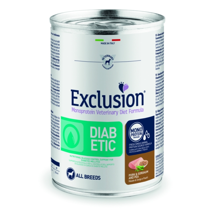 Exclusion Dog diabetic Medium&Large Adult maiale sorgo e piselli 400 gr