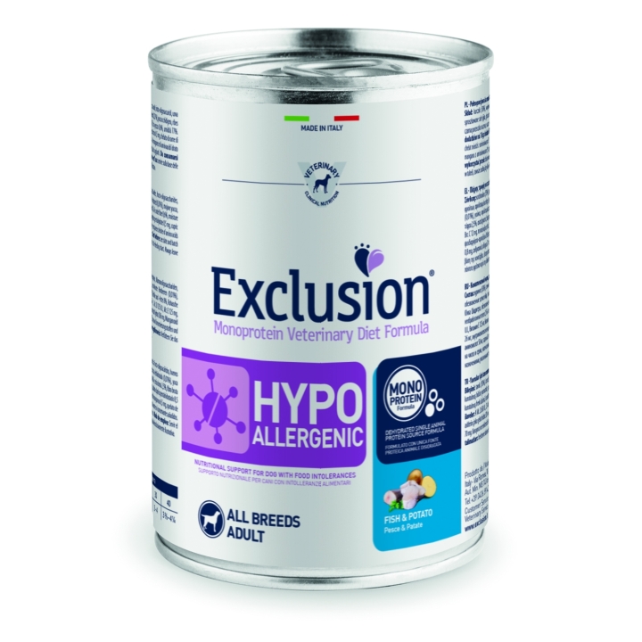 Exclusion Dog Hypoallergenic Medium&Large Adult pesce e patate 400 gr
