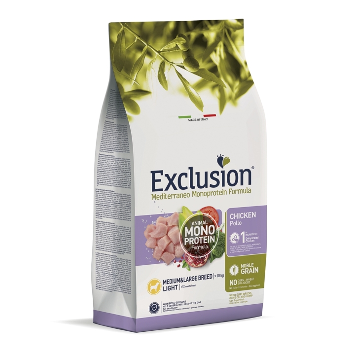 Exclusion Dog mediterraneo monoprotein Light Medium&Large Adult pollo KG 12
