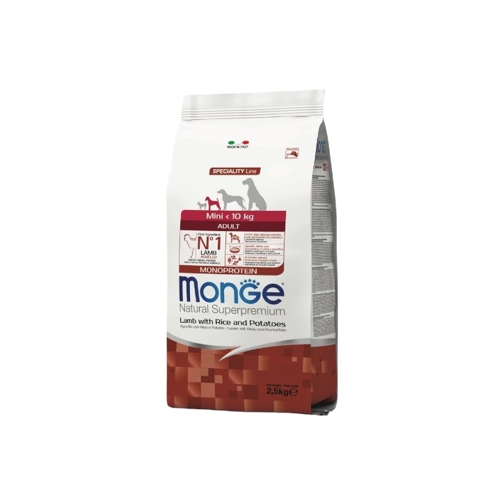Monge superpremium mini-10 kg adult monoproteico agnello riso e patate KG 2.5