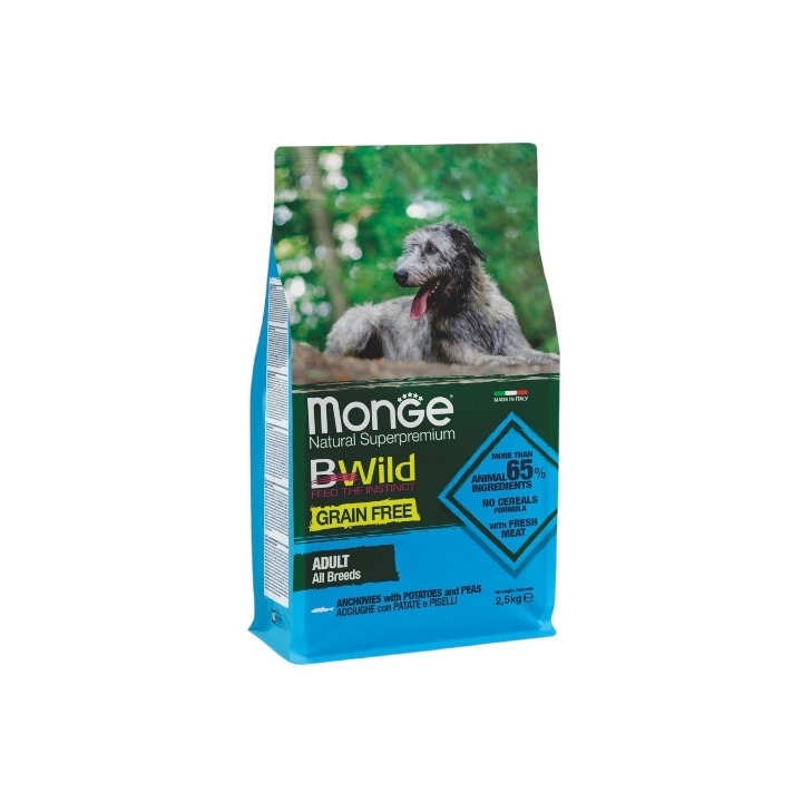 Monge bwild all breeds grainfree adult acchiughe patate e piselli KG 2.5
