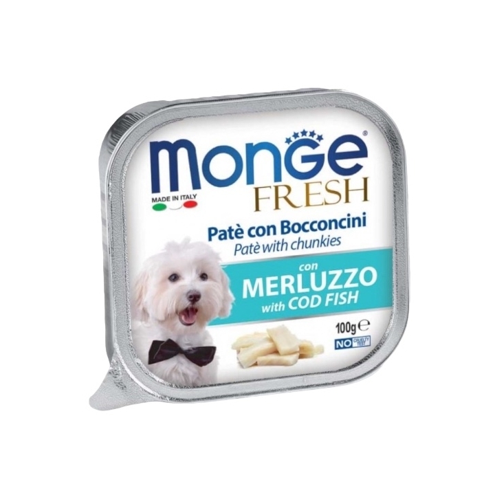 Monge fresh in vaschetta pate' con bocconi di merluzzo 100 gr