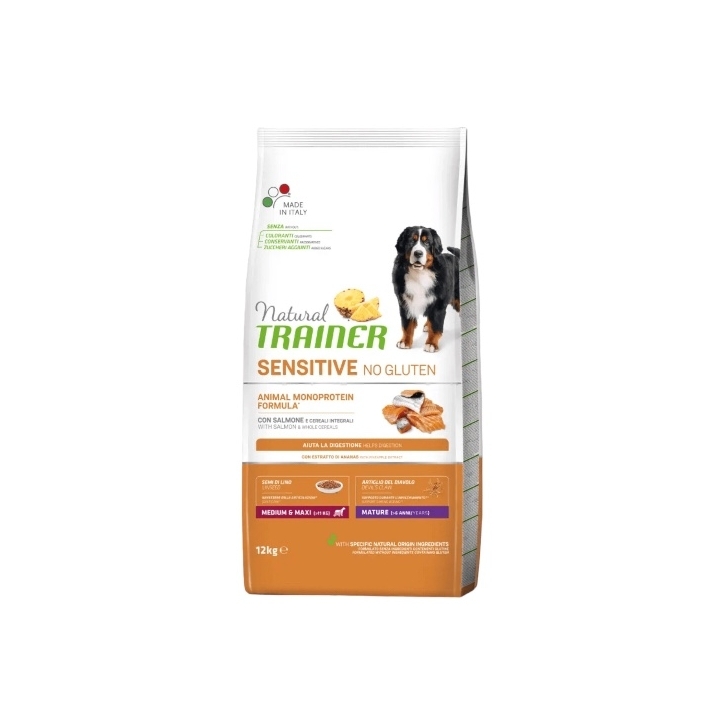 Natural trainer dog sensitive no gluten medium&maxi mature salmone e cereali integrali KG 12