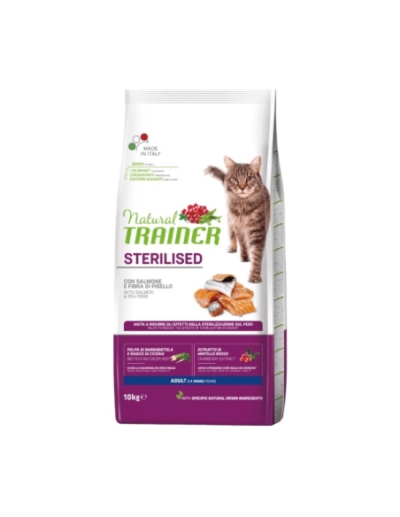 Natural trainer cat adult sterilised con salmone e fibra di pisello KG 10