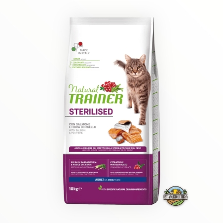 Natural trainer cat adult sterilised con salmone e fibra di pisello KG 10