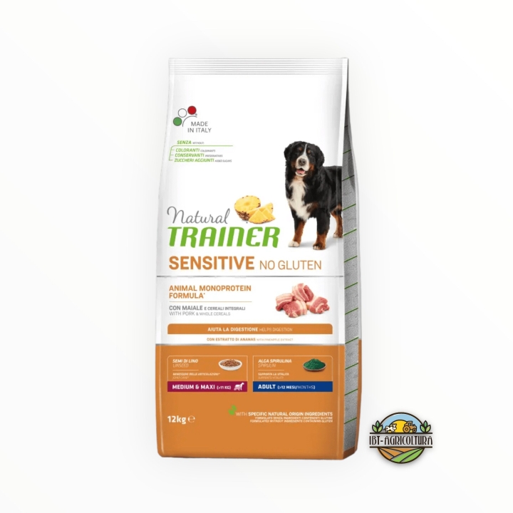 Natural trainer dog sensitive no gluten medium&maxi adult maiale e cereali integrali KG 12