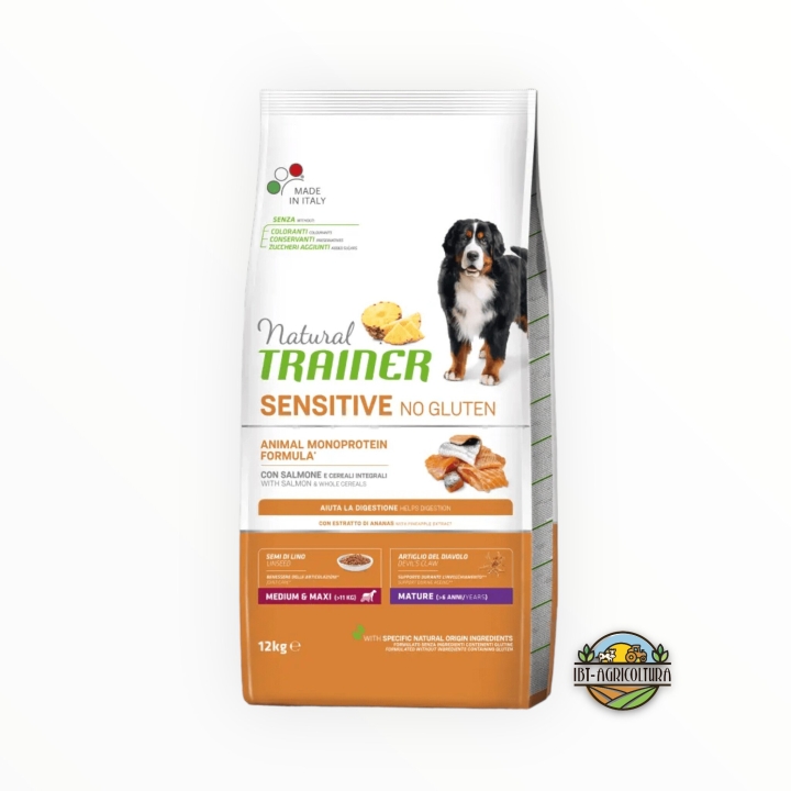 Natural trainer dog sensitive no gluten medium&maxi mature salmone e cereali integrali KG 12